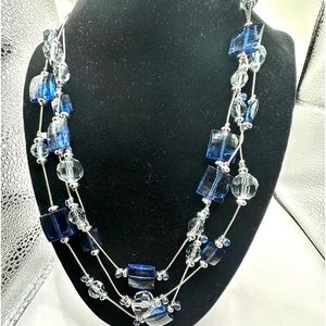 Blue and Silver Multi Layer Wire Beaded Fashion Necklace